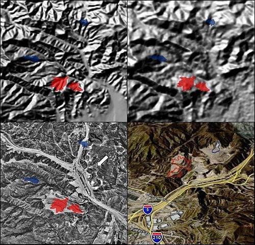 Topographic surface change resulting from landfill operation (Sunshine Canyon landfill in Sylmar, California). The images are NED shaded relief (upper left), SRTM shaded relief (upper right), aerial photograph (lower left), and perspective view (lower right). Change polygons (blue = cut; red = fill) have been overlaid on each image. The arrow indicates the view direction (toward the southwest) for the perspective view.